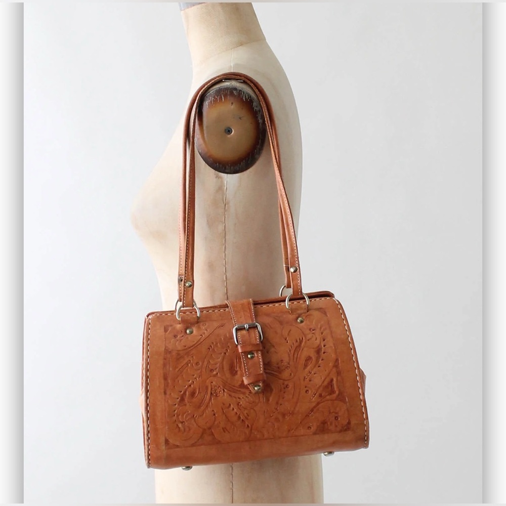 Vintage Canoa Hand Tooled Floral Leather Western Style Doctor's Bag Satchel
